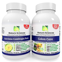 Garcinia Cambogia and Colon Care Combo – By Naturo Sciences – Ultimate Weight Loss Solution Combo Set – Colon Care – Super Strength Diet Detox for the Body and Brain – 1800mg Proprietary Blend Per Serving, 30 Servings, 60 Capsules – PLUS – Garcinia Cambogia Extract Pure – Ultra Slim Weight Management – Natural Appetite Suppressant and Weight Loss Supplement – 1000mg Per Serving, 30 Servings, 90 Capsules