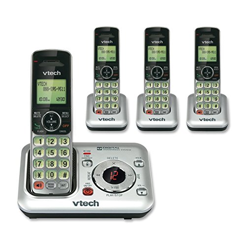 VTech CS6429-4 4-Handset DECT 6.0 Cordless Phone with Answering System and Caller ID, Expandable up to 5 Handsets, Wall-Mountable, Silver/Black